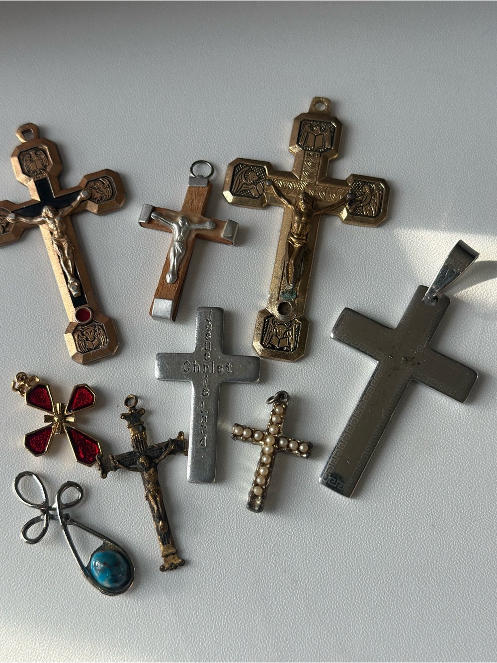 Mixed Vintage Cross Pendant Lot of 9- Gold, Silver, Red, Turquoise Accents